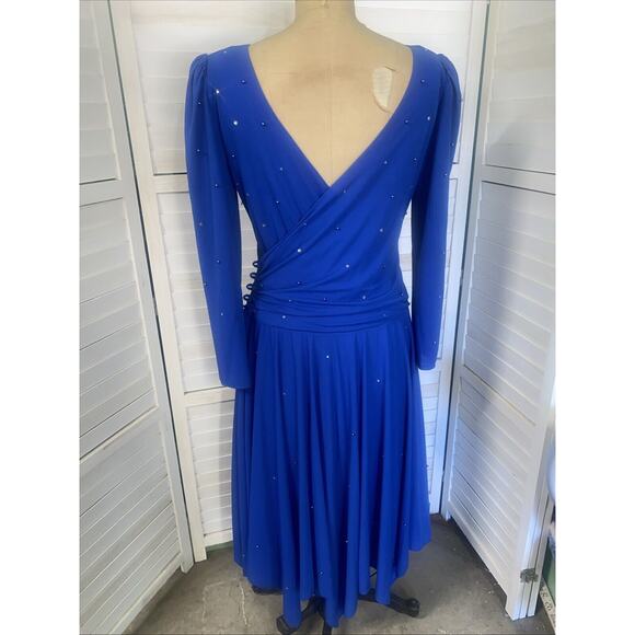 Vintage Pat Richards Blue Crepe Rhinestone Cocktail Dress Lined Women’s Sz Large - Picture 6 of 9